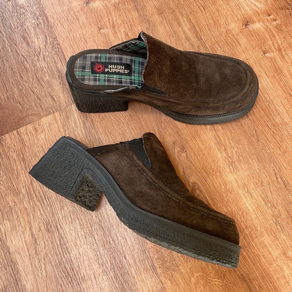 Y2K Chunky Heeled Leather Suede Mules Size 10 Brown Retro Hush Puppies 70s 90s